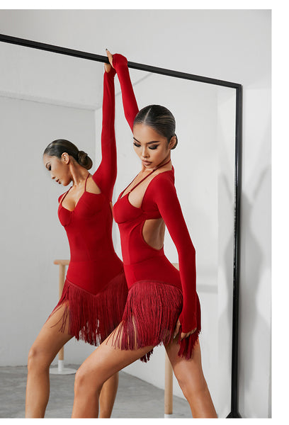 ZYM Angular Fringe Skirt in red 2213 for Latin, Salsa & Samba Dance Practice, Performance, DanceSport Competition | Short Latin Skirt with Long Fringe