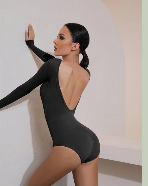 SALE ZYM Coco Bodysuit 2257 in Black | Long Sleeve Bodysuit with Low Back, Snap Closure & Bra Cups Included