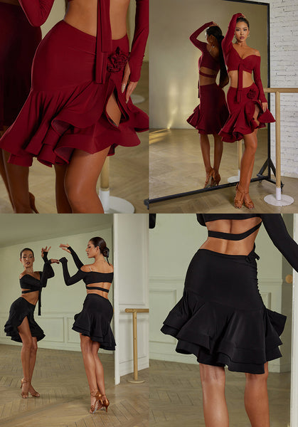 Free Australia-wide Shipping.  Best Price Worldwide.   Step into the spotlight with our charming double-layer herringbone design Latin dance skirt! There is a special 3D flowers on the side, it cleverly conceals and flatters your leg shape. Radiate elegance and passion with this fabulous piece!