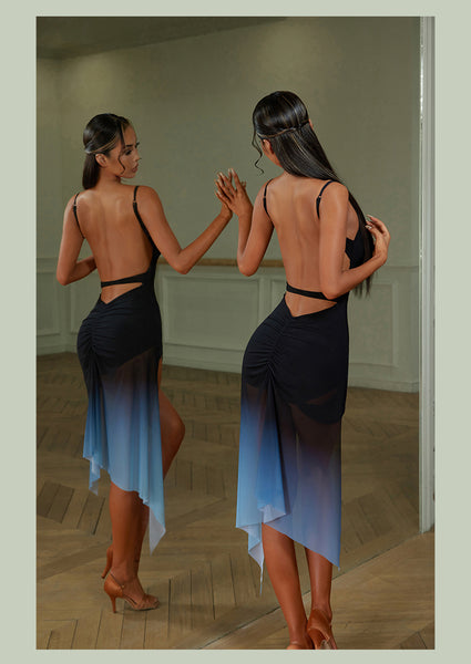 Free Australia-wide Shipping - safe & secure with tracking.  Personal Service.  Complete Zym Dance Style Range Available.  Best Price Guaranteed.  Turn heads on the dance floor with our stunning Latin dance dress! This ice blue gradient colour hemline just like the Iceland walkway. Also the cutout & sheer design with irregular dreamy hemline will make you look slim and create a powerful visual impact.  Made with high-quality materials,