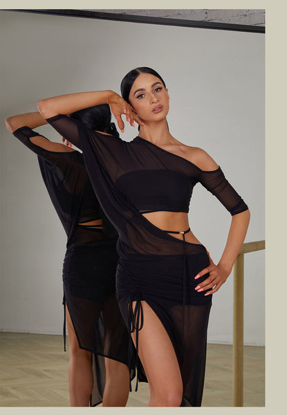 ZYM Metallic Luster Dress 2406 | Stretch Mesh Latin Dress with Waist Cutouts & Adjustable Skirt Length for Latin Dance Practice & Performance