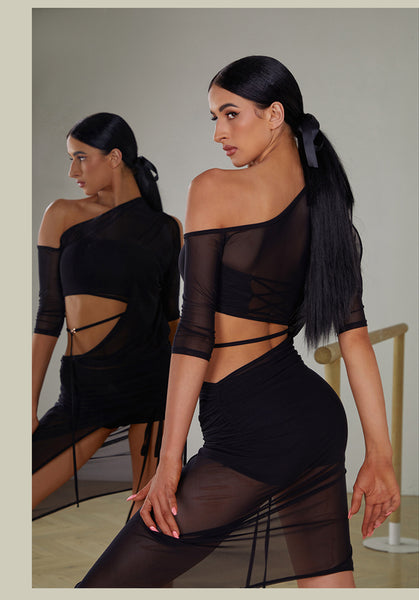 ZYM Metallic Luster Dress 2406 | Stretch Mesh Latin Dress with Waist Cutouts & Adjustable Skirt Length for Latin Dance Practice & Performance