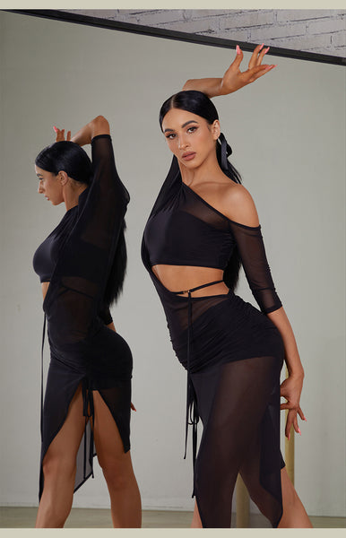 ZYM Metallic Luster Dress 2406 | Stretch Mesh Latin Dress with Waist Cutouts & Adjustable Skirt Length for Latin Dance Practice & Performance