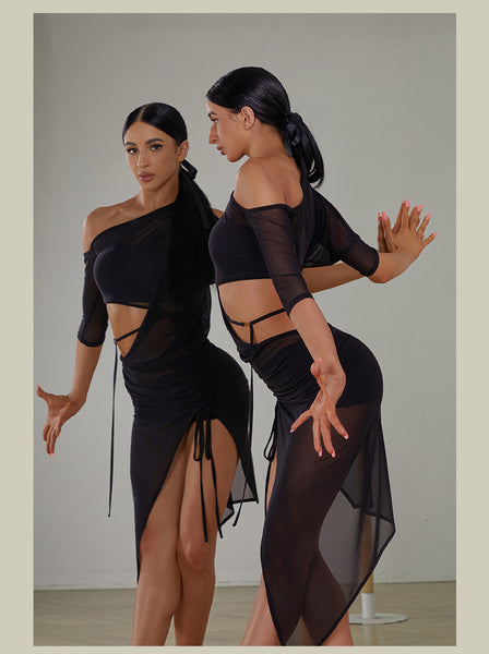 ZYM Metallic Luster Dress 2406 | Stretch Mesh Latin Dress with Waist Cutouts & Adjustable Skirt Length for Latin Dance Practice & Performance