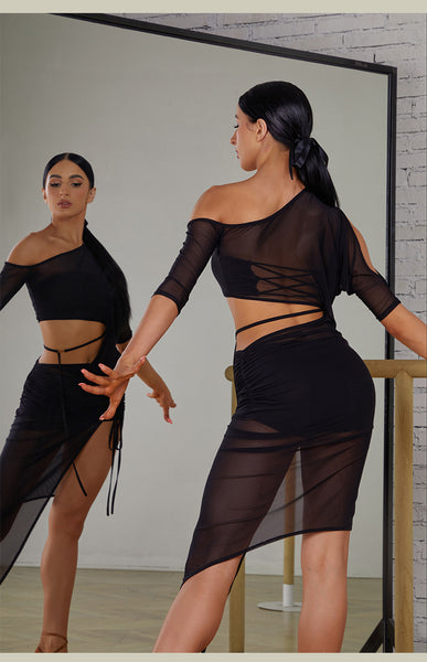 ZYM Metallic Luster Dress 2406 | Stretch Mesh Latin Dress with Waist Cutouts & Adjustable Skirt Length for Latin Dance Practice & Performance