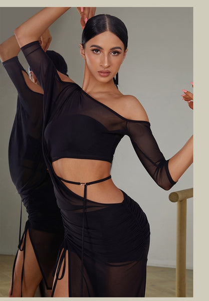 ZYM Metallic Luster Dress 2406 | Stretch Mesh Latin Dress with Waist Cutouts & Adjustable Skirt Length for Latin Dance Practice & Performance