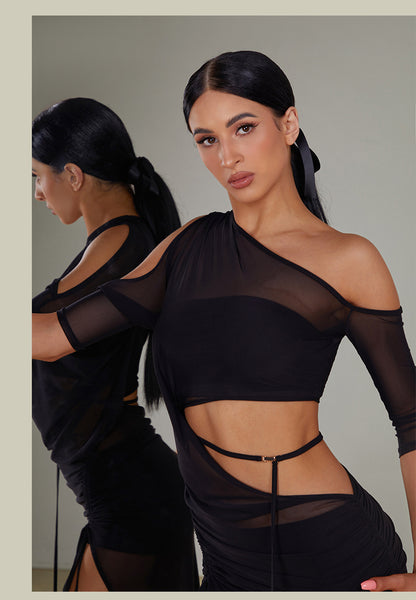 ZYM Metallic Luster Dress 2406 | Stretch Mesh Latin Dress with Waist Cutouts & Adjustable Skirt Length for Latin Dance Practice & Performance