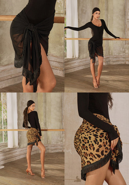 ZYM Call It A Wrap Skirt 24075 in Classic Black or Wild Leopard | Short Wrap Skirt with Fringe for Latin, Salsa & Samba Dance