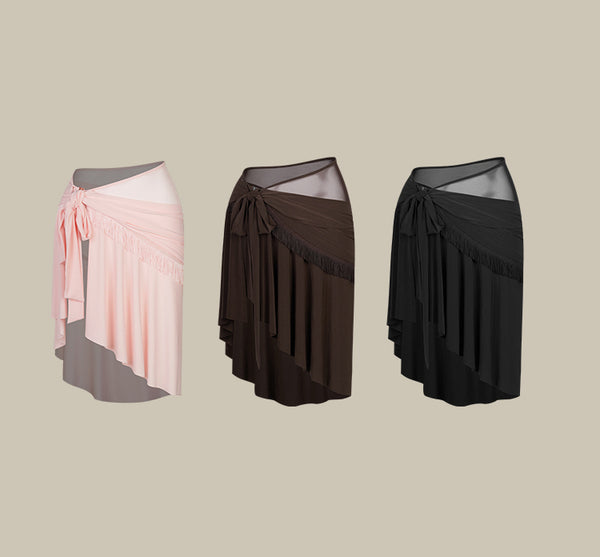 Free Australia-wide Shipping.;Best Price Worldwide.
Flowy Wrap Skirt is designed to flow with every move. Delicate mesh panel at the waist adds an ethereal charm, while playful pleats and subtle fringe details bring a fun, dynamic edge to the look. The adjustable wrap design ensures a comfortable, customizable fit, and the ruffled hem creates texture and dimension, making it perfect for any body type. Perfect to Latin, Salsa, Samba practice performance and dancesport