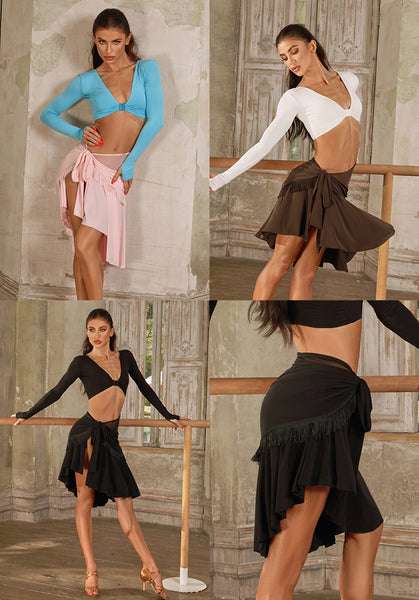 Free Australia-wide Shipping.;Best Price Worldwide.
Flowy Wrap Skirt is designed to flow with every move. Delicate mesh panel at the waist adds an ethereal charm, while playful pleats and subtle fringe details bring a fun, dynamic edge to the look. The adjustable wrap design ensures a comfortable, customizable fit, and the ruffled hem creates texture and dimension, making it perfect for any body type. Perfect to Latin, Salsa, Samba practice performance and dancesport