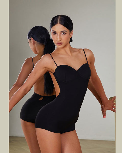ZYM Lychee Aroma Bodysuit in Black 2409 | Backless Bodysuit with Spaghetti Straps, Snap Closure & Integrated Bra for All Dance Styles