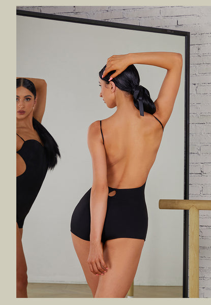 ZYM Lychee Aroma Bodysuit in Black 2409 | Backless Bodysuit with Spaghetti Straps, Snap Closure & Integrated Bra for All Dance Styles