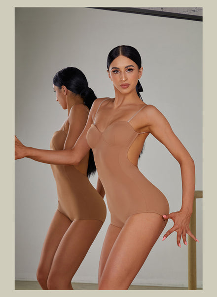 ZYM Lychee Aroma Bodysuit in Nude 2409 | Backless Bodysuit with Spaghetti Straps, Snap Closure & Integrated Bra for All Dance Styles