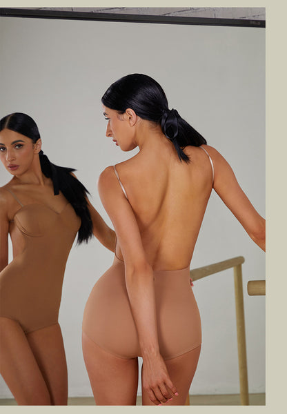 ZYM Lychee Aroma Bodysuit in Nude 2409 | Backless Bodysuit with Spaghetti Straps, Snap Closure & Integrated Bra for All Dance Styles