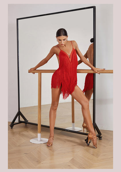 ZYM Oasis Fringe Dress Fiery Red 2420 | Backless Fringe Latin Dress, Spaghetti Straps, Open Back, Built-In Bra & Underwear with Snap Closure for Latin, Salsa, Samba Dance Performance & DanceSport Competition