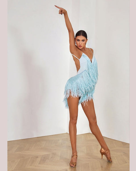 Free Australia-wide Shipping - Best Price Worldwide.  Featuring a tantalizing triangle mesh to accentuate your waist, cascading layers of fringe for added texture, and a thigh-high slit to showcase your legs, the Oasis Fringe Dress caters to every persona, from the spicy señoritas to the sweet enchantress. Perfect for Latin, Samba, Salsa Dance performance or competition.