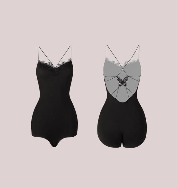 ZYM M Butterfly Bodysuit in Black 2439 | Criss Cross Back, Feminine Bodysuit, Spaghetti Straps, Feature Back, Low Back with Snap Closure for All Dance Styles