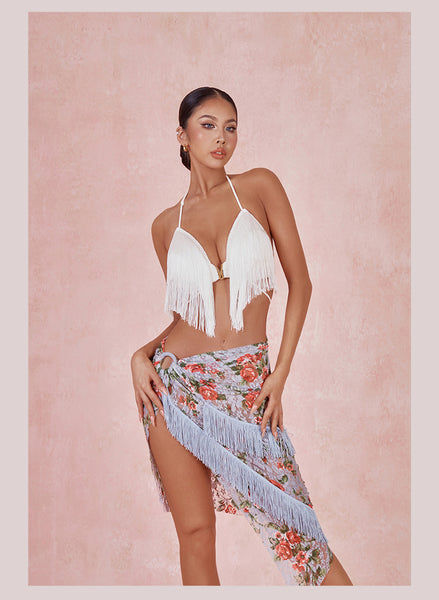 ZYM In Bloom Skirt in Light Blue Floral 2440 | Floral Stretch Lace Latin Skirt with High Side Slit for Latin, Rumba & Tango Dance Practice & Performance