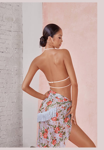 ZYM In Bloom Skirt in Light Blue Floral 2440 | Floral Stretch Lace Latin Skirt with High Side Slit for Latin, Rumba & Tango Dance Practice & Performance