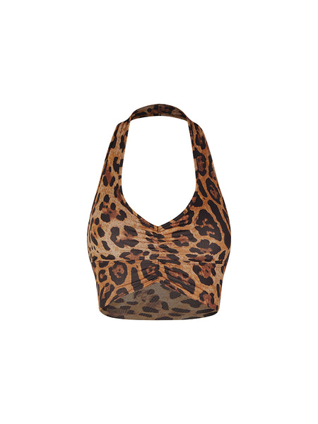 ZYM V Crop Top 25007 in Wild Leopard For Latin & Salsa Dance Practice, Jazz, Commercial & Modern Dance, Party & Clubbing Wear, Sleeveless Halter Crop Top Removable Cups
