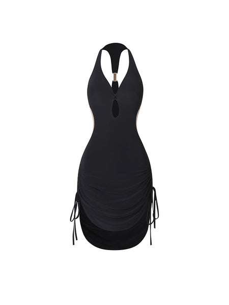 ZYM La Furia Dress 25030 in Classic Black for Latin, Salsa, Samba Dance Practice, Performance, Events & DanceSport Competition | Sleeveless Dress with Halter Design, Open Back, Side Ruched Skirt, Built In Cups & Briefs