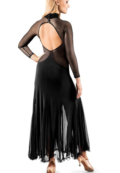 Dancebox Balestra Ballroom Dress Black - Ballroom Dress with High Neckline, Open Back, Long Mesh Sleeves, Mesh Godets for Dance Practice, Performance & DanceSport Competitions