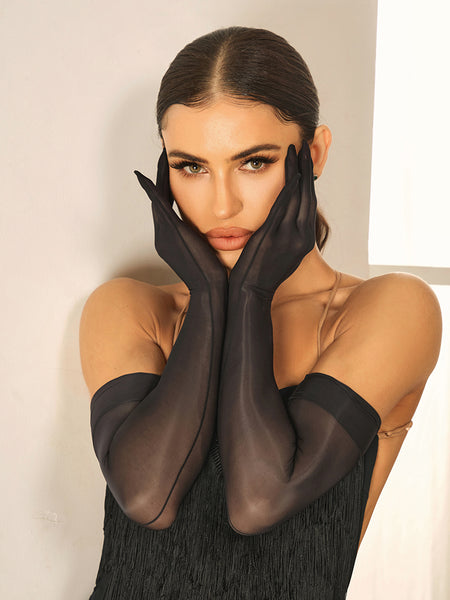 ZYM Lustre Mesh Gloves ST02 Long Black Stretch Mesh Gloves for Evening Wear, Dancewear, Formal Wear