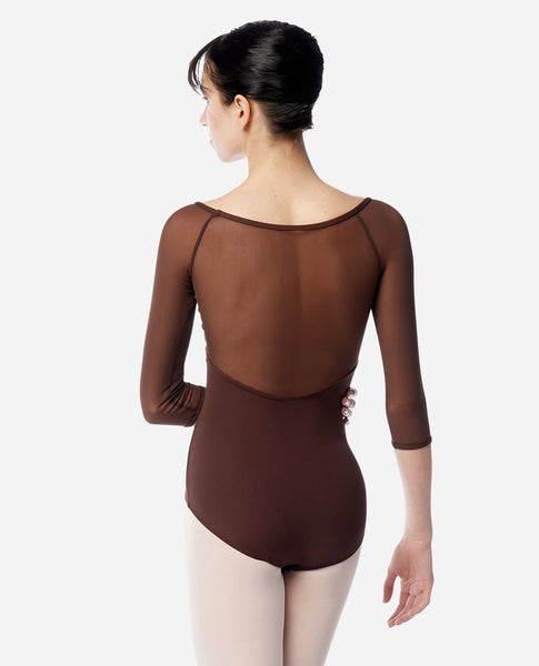 Women's 3/4 Raglan Sleeve Leotard Ayla, This classic 3/4 sleeve ballet leotard features a scoop neckline, mesh raglan sleeves, and mesh back panel. Leotard has a ballet cut leg line, full front lining, and a built-in shelf bra for extra support. for ballet classes and performance.    Available in a variety of colours.