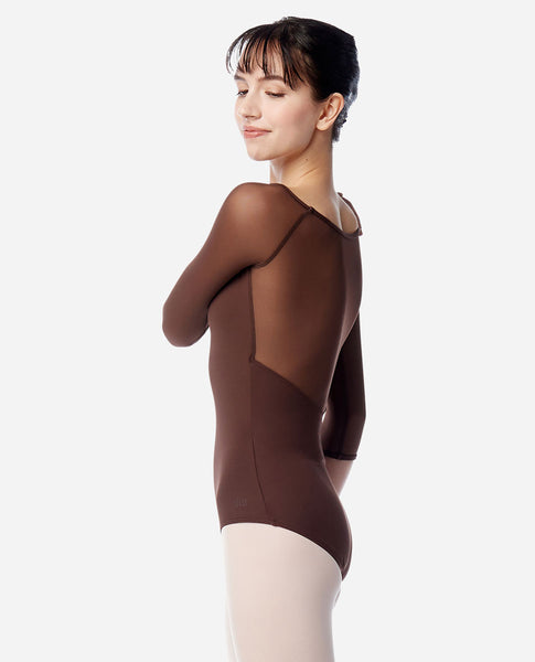 Women's 3/4 Raglan Sleeve Leotard Ayla, This classic 3/4 sleeve ballet leotard features a scoop neckline, mesh raglan sleeves, and mesh back panel. Leotard has a ballet cut leg line, full front lining, and a built-in shelf bra for extra support. for ballet classes and performance.    Available in a variety of colours.