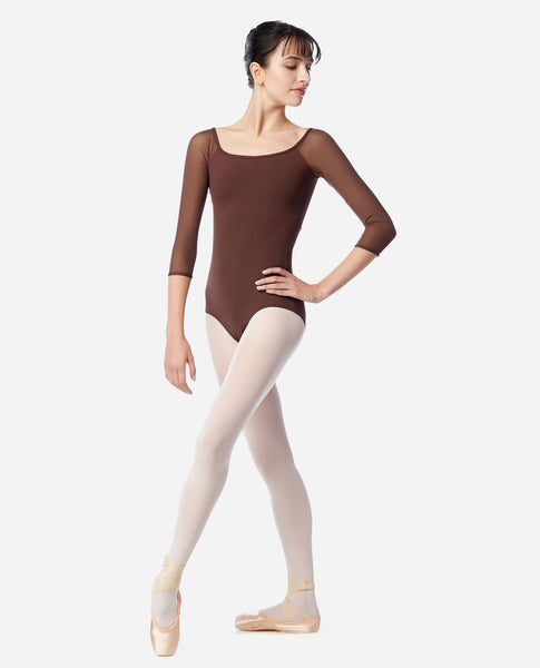 Women's 3/4 Raglan Sleeve Leotard Ayla, This classic 3/4 sleeve ballet leotard features a scoop neckline, mesh raglan sleeves, and mesh back panel. Leotard has a ballet cut leg line, full front lining, and a built-in shelf bra for extra support. for ballet classes and performance.    Available in a variety of colours.