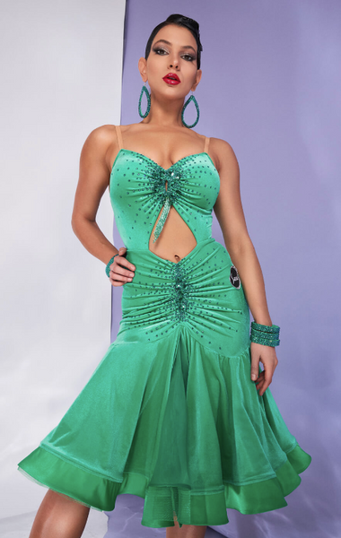 Free Australia-wide shipping.  Best price worldwide.  Emerald green velvet latin dress, with full bouncy skirt and criss-cross satin ribbon back detailing. Built in leotard and bra cups, earrings and all 6x bracelets included, crystallised with Emerald stones and beads.