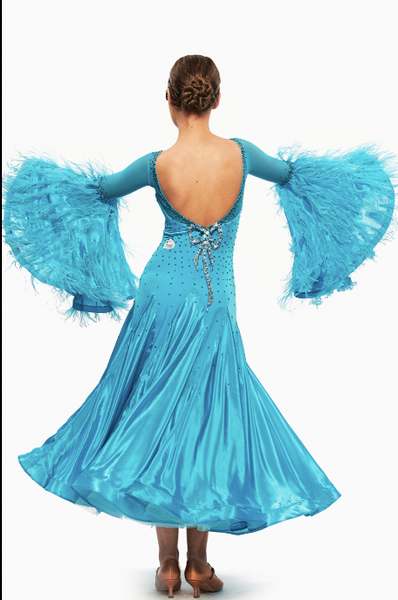 Free worldwide express shipping.  Best price guarantee worldwide - worldwide shipping included.  Delicate junior/adult ballroom dress in turquoise colour, feathered bell sleeves, smooth velvet body and satin chiffon full skirt with organza under-layers. Fully decorated with Swarovski Ab, Sapphire and Sapphire Ab crystals, AB pearls and beads.