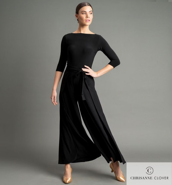 FREE AUSTRALIA-WIDE SHIPPING.  Best price worldwide with tracking.  Full of style and flare this jumpsuit has great design detailing that will make you look and feel your very best both on and off the dance floor. Its flared trouser gives the illusion of a ballroom skirt, with side splits on both legs to elongate your legwork. A slash style neckline and ¾ length sleeves is in contrast to the back v-neck