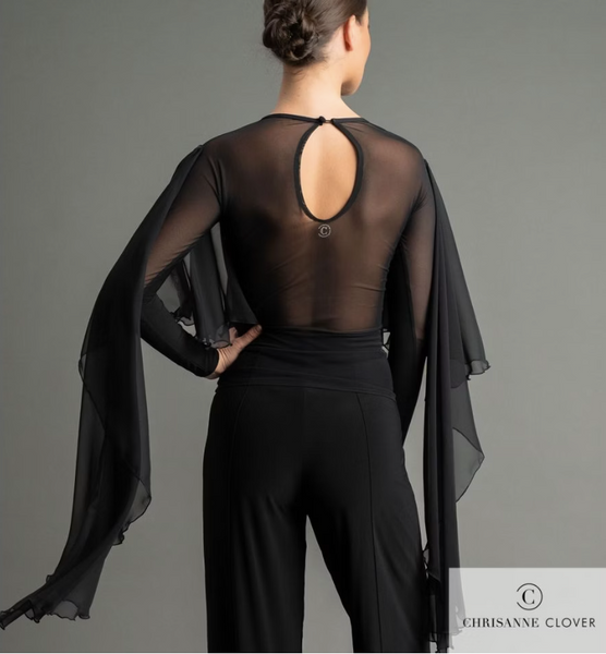 FREE AUSTRALIA-WIDE SHIPPING.  Best price worldwide with tracking.  The Isla dance top is elegant in style and sleek in movement with its georgette cape that rests beautifully over the crepe bodice, with drop open side seams that flow down the side of each arm creating striking movement. Stretch net features at the top and centre back of the top and sleeves creating an elegant sheer look in contrast to the opaque crepe front and front sleeves