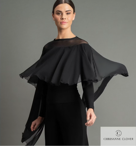 FREE AUSTRALIA-WIDE SHIPPING.  Best price worldwide with tracking.  The Isla dance top is elegant in style and sleek in movement with its georgette cape that rests beautifully over the crepe bodice, with drop open side seams that flow down the side of each arm creating striking movement. Stretch net features at the top and centre back of the top and sleeves creating an elegant sheer look in contrast to the opaque crepe front and front sleeves