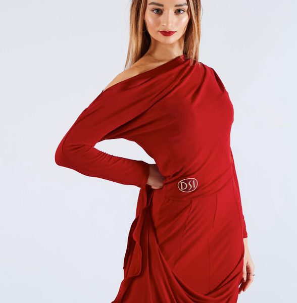 Free Australian shipping - great price worldwide.  Beautiful crepe batwing style dress with off the shoulder feature. Crepe panelled skirt with 1⁄2” crinoline hem.   Perfect for practice, performance and DanceSport Competition.  This stunning Ballroom Dress can be made in any available DSI-London crepe colour.