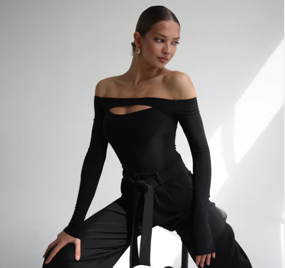 Bodysuit 'Sophie' | Off The Shoulder, Long Sleeved Bodysuit for Ballroom & Latin Dance Practice, Performance & DanceSport Competition | Leotard for Ballroom Dance Medal Exams | Evening Wear Bodysuit