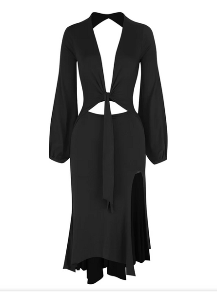 ZYM Tie Dress 25053 in Classic Black | Latin, Tango & Cocktail Dress with Open Back, Long Sleeves, Knee Length Skirt and Deep V Open Front