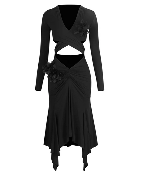 Free Australia-wide Shipping.  Best price worldwide with tracking.
Fleur dress captures all eyes on the floor.
The front crossover design frames the neckline with elegance, while refined pleats at the waist smooth the line for a flawless fit. An asymmetrical hem sways with every move, and the hand-crafted floral accents add the final touch of artistry and allure. Stylish & Eye Catching Dress for latin, salsa, samba, & tango performances, events, social dancing & competitions.
