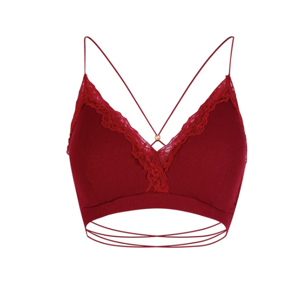 ZYM Criss Cross Top 25056 in Wine Red | Crop Top with Spaghetti Straps & Lace V Neckline & Criss Cross Back for Dance, Clubbing Wear, Day Wear, Under Wear - All Occasions