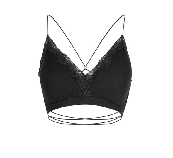 ZYM Criss Cross Top 25056 in Classic Black | Crop Top with Spaghetti Straps & Lace V Neckline & Criss Cross Back for Dance, Clubbing Wear, Day Wear, Under Wear - All Occasions
