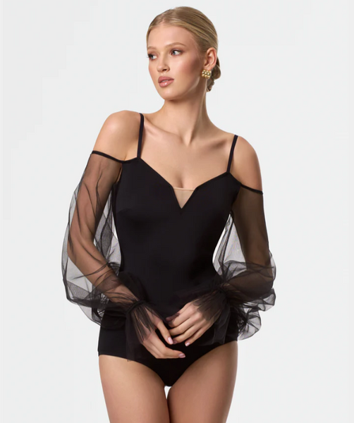 Free Australia-wide Shipping.  Best price worldwide with tracking
The Melanie Bodysuit in classic black is crafted for those who appreciate sophistication and femininity. Featuring airy organza puff sleeves, it adds a touch of drama, perfectly accentuating the lines of your arms as you dance. An impeccable choice for ballroom dance, where every gesture tells a story.
Hipster bottom
Removable cups
Made of the high quality biflex