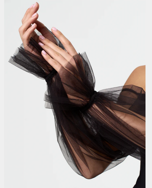 Bodysuit "Melanie" Classic Ballroom Dance Bodysuit with Airy Organza Puff Sleeves for Ballroom Practice, Performance, DanceSport Competition, Evening Wear & Shows