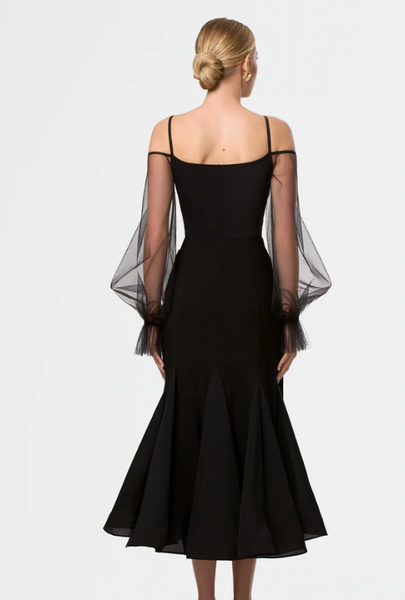Bodysuit "Melanie" Classic Ballroom Dance Bodysuit with Airy Organza Puff Sleeves for Ballroom Practice, Performance, DanceSport Competition, Evening Wear & Shows