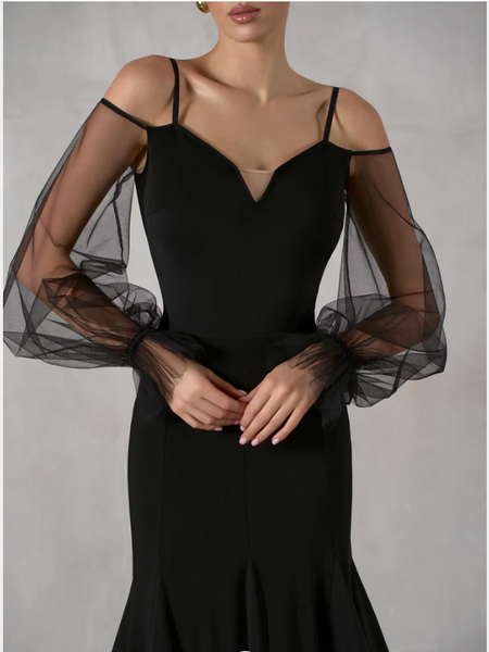Bodysuit "Melanie" Classic Ballroom Dance Bodysuit with Airy Organza Puff Sleeves for Ballroom Practice, Performance, DanceSport Competition, Evening Wear & Shows