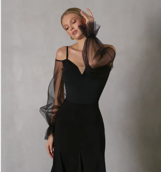 Bodysuit "Melanie" Classic Ballroom Dance Bodysuit with Airy Organza Puff Sleeves for Ballroom Practice, Performance, DanceSport Competition, Evening Wear & Shows