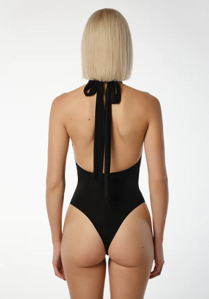 Bodysuit Rose in Black | Sleeveless Halter Bodysuit with Rose Detail at the Neck | Bodysuit with Removable Cups, Halter Neck with Tie Back, Open Back for Ballroom & Latin Dance Practice, Performance, Medal Exams and Competition or Evening Wear