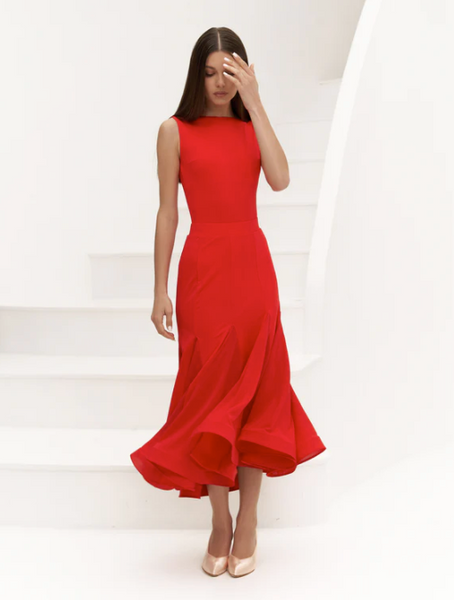 Ballroom Skirt "Rikki" in Red by Danza Midi to Maxi Length Ballroom Dance Skirt for Practice, Performance, Dance Medals & DanceSport Competition