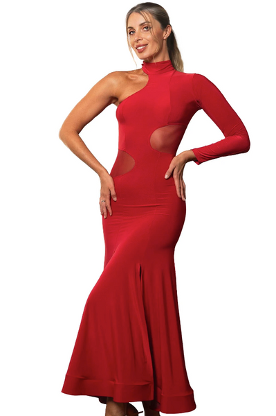 D2451 Long Cutout Smooth Dress with mesh insets – bold ballroom and Latin dance dress. Stretch fabric, full-length skirt with slit, power mesh detail. Free Australian delivery, best price worldwide.