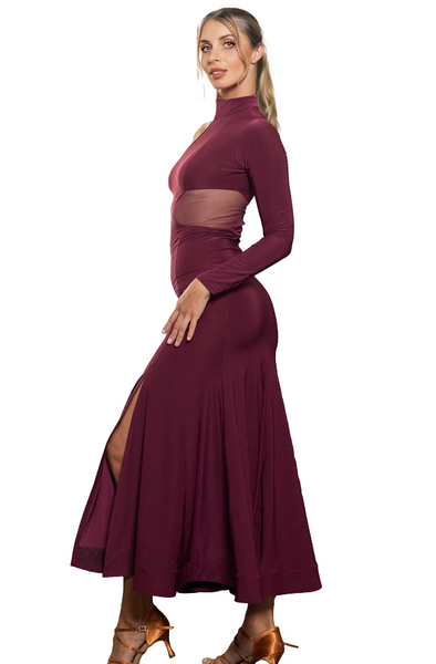 D2451 Long Cutout Smooth Dress with mesh insets – bold ballroom and Latin dance dress. Stretch fabric, full-length skirt with slit, power mesh detail. Free Australian delivery, best price worldwide.